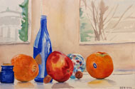 watercolor painting by Debbie Homewood  Fruit and Bottle