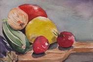 watercolor painting by Debbie Homewood  Vegetables and Cutting Board