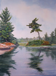 Watercolor painting Lake Reflection