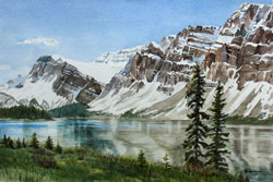 Watercolor painting Bow Lake, Alberta
